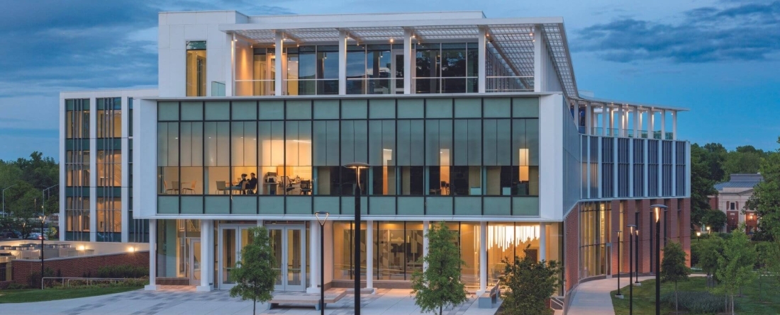 image of campus entrance to Thurgood Marshall Hall at dusk