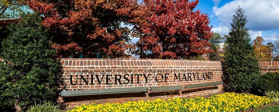 UMD sign surrounded by Fall foliage